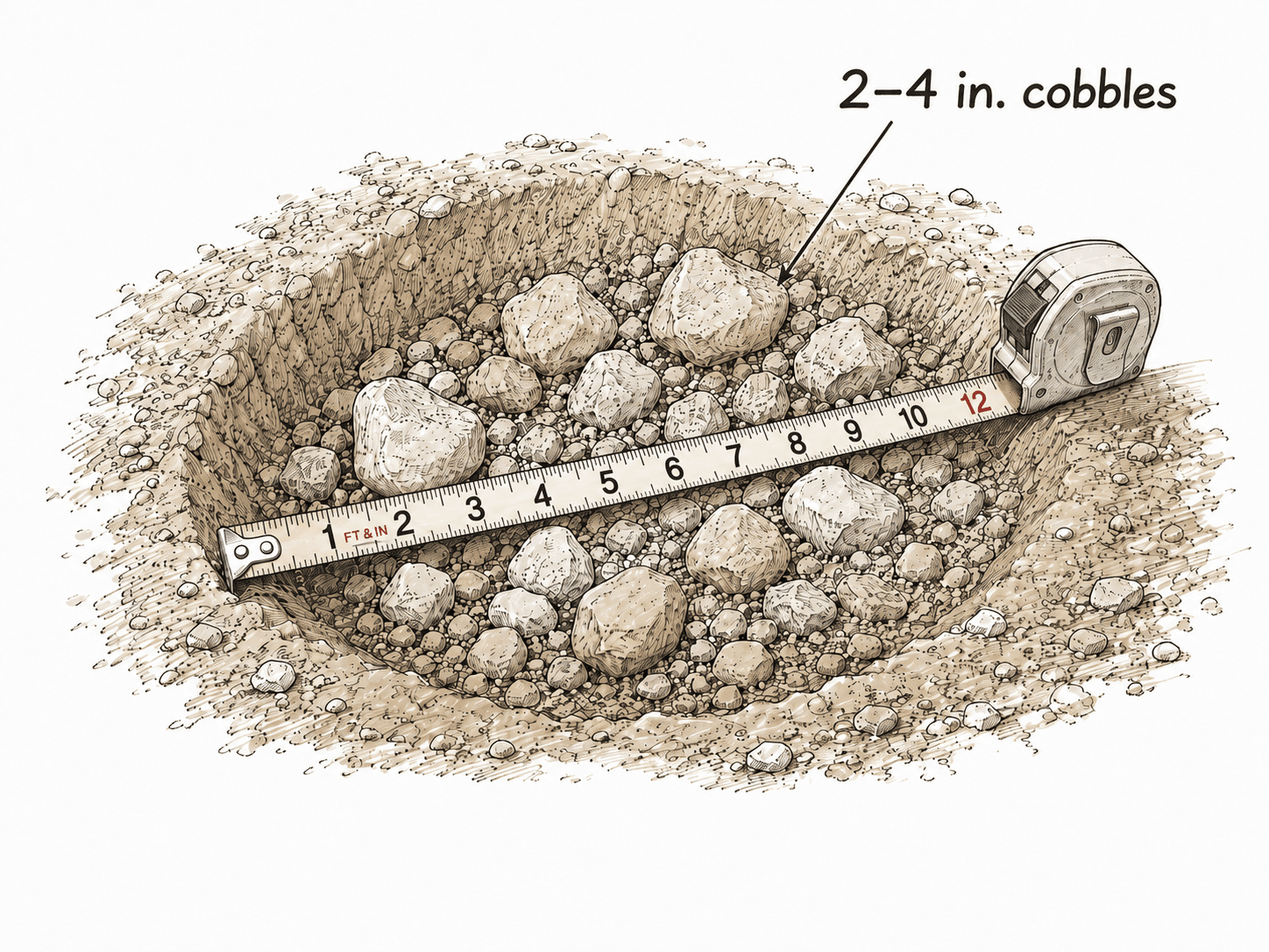 A hole dug into the stockpile with a tape measure laid across it, exposing 2 to 4 inch cobbles for grain-size reference.