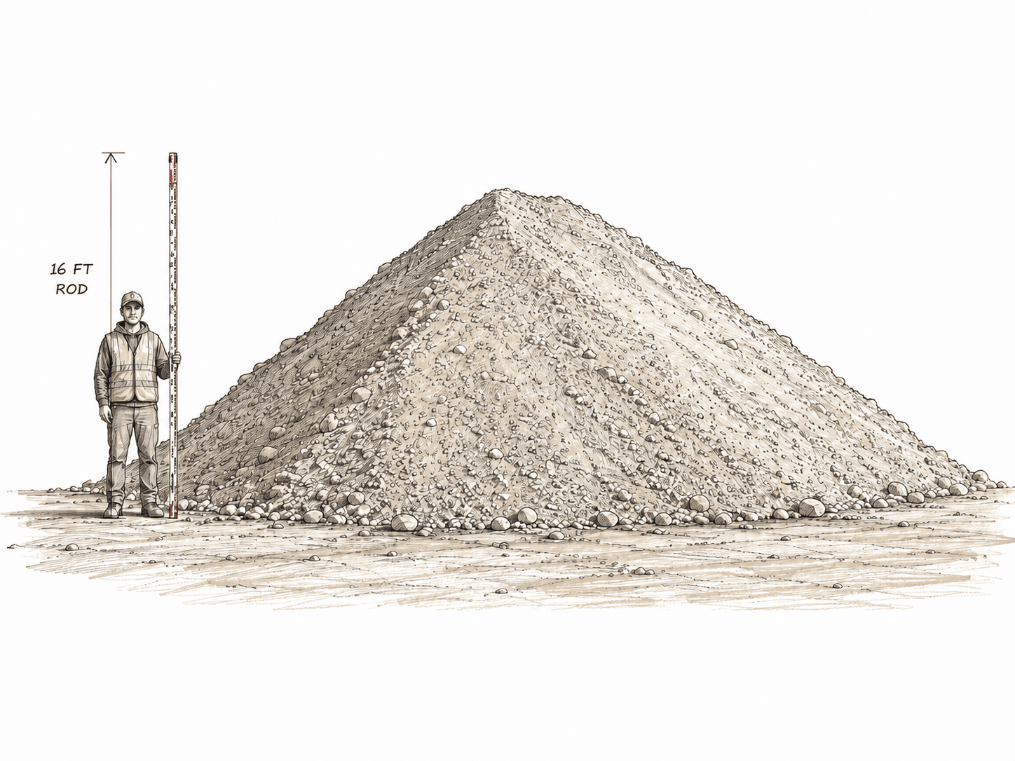A worker standing next to a stockpile holding a 16-foot survey rod, the rod's height matching the pile for instant scale reference.