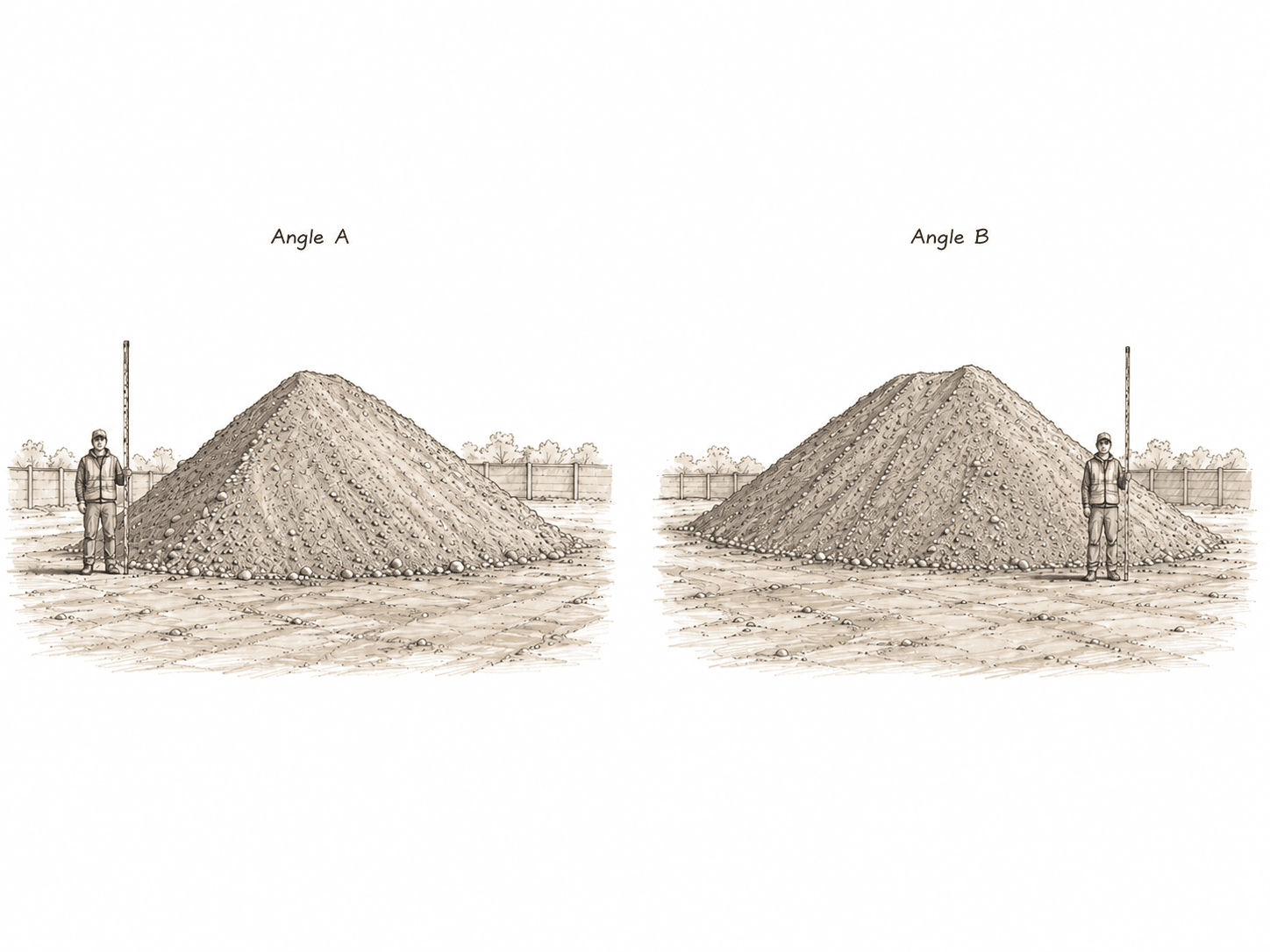 The same stockpile shown from two angles side-by-side, each with a worker holding a survey rod for scale.